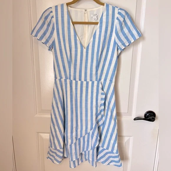 J. Crew | Dresses | Jcrew Bluewhite Striped Vneck Fauxwrap Ruffle Cotton  Dress Size | Poshmark